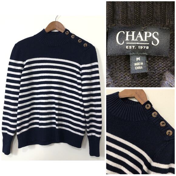 Chaps Navy White Striped Button Shoulder Sweater Medium Nautical Coastal Preppy - Picture 1 of 10